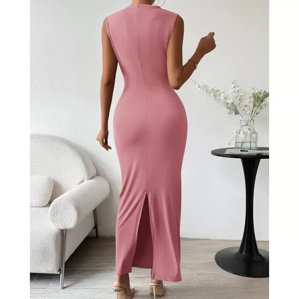 imageBTFBM Womens Ruched Bodycon Dress Summer Casual Sleeveless Back Slit Elegant Club Evening Party Cocktail Maxi DressesSolid Pink