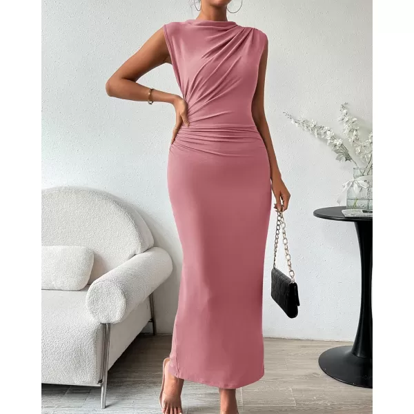 imageBTFBM Womens Ruched Bodycon Dress Summer Casual Sleeveless Back Slit Elegant Club Evening Party Cocktail Maxi DressesSolid Pink