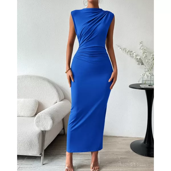 imageBTFBM Womens Ruched Bodycon Dress Summer Casual Sleeveless Back Slit Elegant Club Evening Party Cocktail Maxi DressesSolid Royal Blue