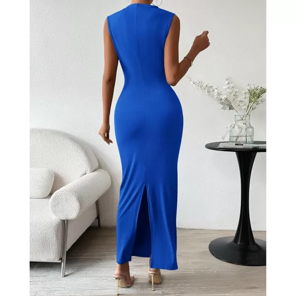 imageBTFBM Womens Ruched Bodycon Dress Summer Casual Sleeveless Back Slit Elegant Club Evening Party Cocktail Maxi DressesSolid Royal Blue