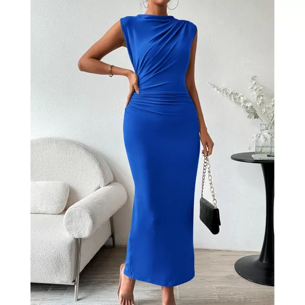 imageBTFBM Womens Ruched Bodycon Dress Summer Casual Sleeveless Back Slit Elegant Club Evening Party Cocktail Maxi DressesSolid Royal Blue