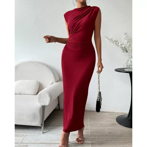 imageBTFBM Womens Ruched Bodycon Dress Summer Casual Sleeveless Back Slit Elegant Club Evening Party Cocktail Maxi DressesSolid Wine Red