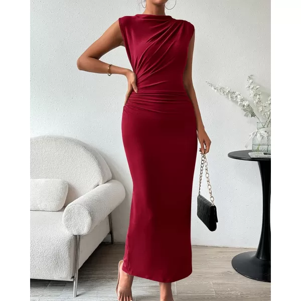 imageBTFBM Womens Ruched Bodycon Dress Summer Casual Sleeveless Back Slit Elegant Club Evening Party Cocktail Maxi DressesSolid Wine Red
