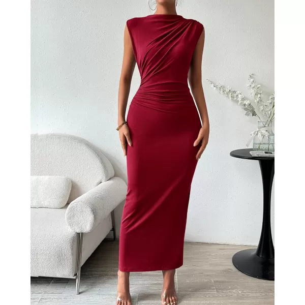 imageBTFBM Womens Ruched Bodycon Dress Summer Casual Sleeveless Back Slit Elegant Club Evening Party Cocktail Maxi DressesSolid Wine Red