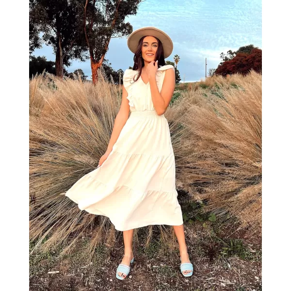 imageBTFBM Womens Ruffle Trim Sleeveless V Neck Maxi Long Dress Elastic Waist Pleated Swing Aline Elegant Summer Beach DressesSolid Apricot