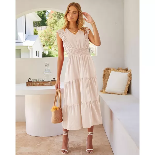 imageBTFBM Womens Ruffle Trim Sleeveless V Neck Maxi Long Dress Elastic Waist Pleated Swing Aline Elegant Summer Beach DressesSolid Apricot