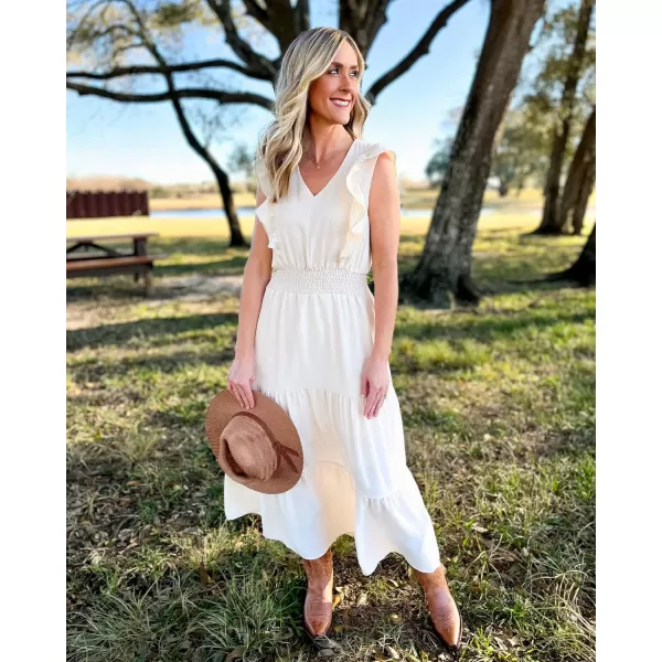 imageBTFBM Womens Ruffle Trim Sleeveless V Neck Maxi Long Dress Elastic Waist Pleated Swing Aline Elegant Summer Beach DressesSolid Apricot