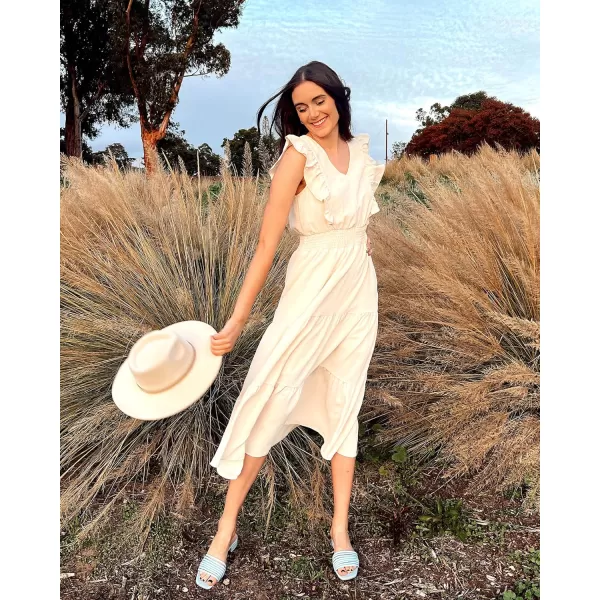 imageBTFBM Womens Ruffle Trim Sleeveless V Neck Maxi Long Dress Elastic Waist Pleated Swing Aline Elegant Summer Beach DressesSolid Apricot