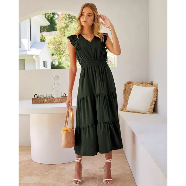 imageBTFBM Womens Ruffle Trim Sleeveless V Neck Maxi Long Dress Elastic Waist Pleated Swing Aline Elegant Summer Beach DressesSolid Army Green