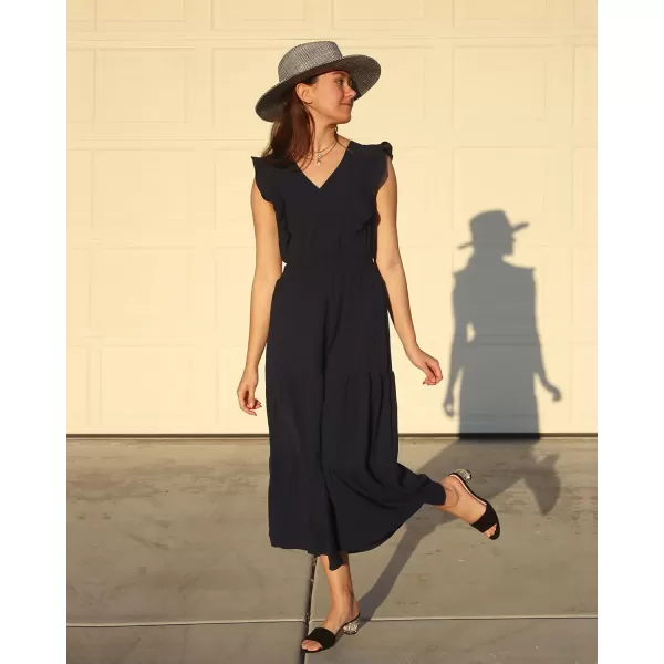 imageBTFBM Womens Ruffle Trim Sleeveless V Neck Maxi Long Dress Elastic Waist Pleated Swing Aline Elegant Summer Beach DressesSolid Black