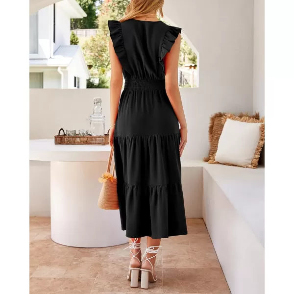 imageBTFBM Womens Ruffle Trim Sleeveless V Neck Maxi Long Dress Elastic Waist Pleated Swing Aline Elegant Summer Beach DressesSolid Black