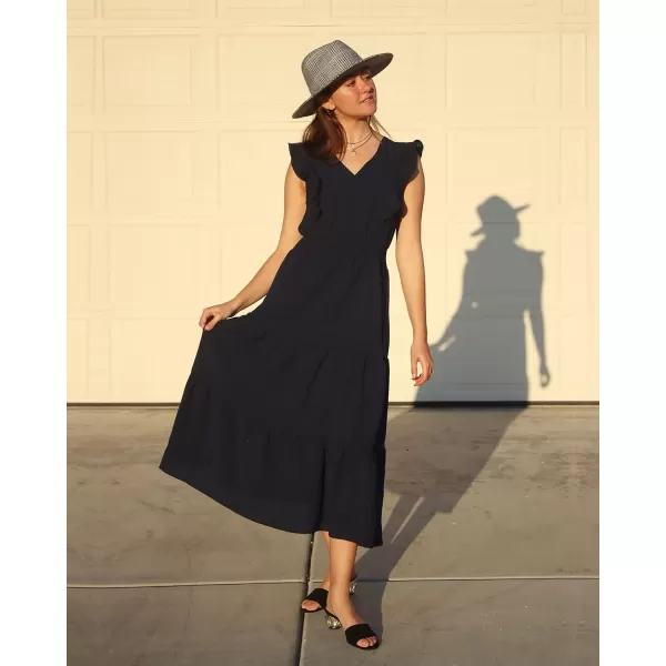 imageBTFBM Womens Ruffle Trim Sleeveless V Neck Maxi Long Dress Elastic Waist Pleated Swing Aline Elegant Summer Beach DressesSolid Black