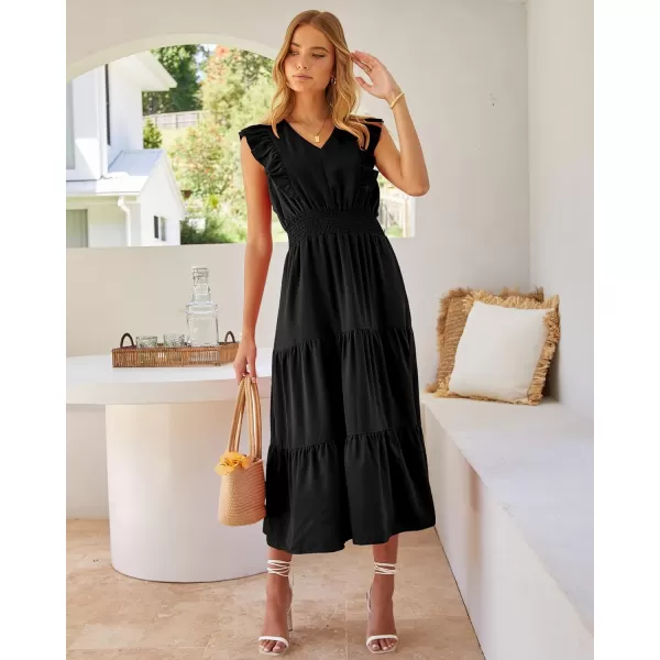 imageBTFBM Womens Ruffle Trim Sleeveless V Neck Maxi Long Dress Elastic Waist Pleated Swing Aline Elegant Summer Beach DressesSolid Black