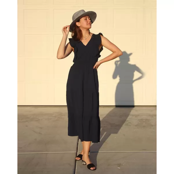imageBTFBM Womens Ruffle Trim Sleeveless V Neck Maxi Long Dress Elastic Waist Pleated Swing Aline Elegant Summer Beach DressesSolid Black