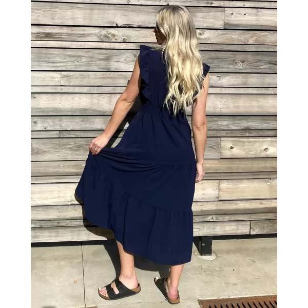 imageBTFBM Womens Ruffle Trim Sleeveless V Neck Maxi Long Dress Elastic Waist Pleated Swing Aline Elegant Summer Beach DressesSolid Navy