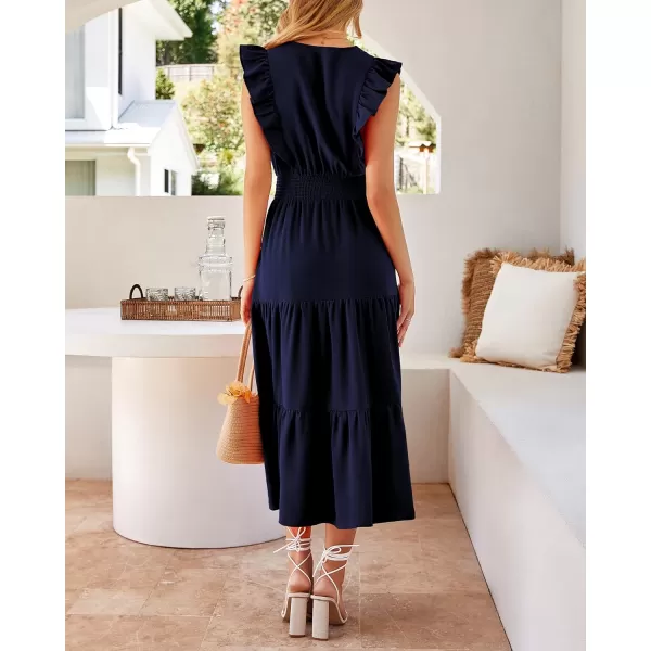 imageBTFBM Womens Ruffle Trim Sleeveless V Neck Maxi Long Dress Elastic Waist Pleated Swing Aline Elegant Summer Beach DressesSolid Navy