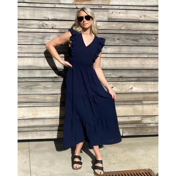 imageBTFBM Womens Ruffle Trim Sleeveless V Neck Maxi Long Dress Elastic Waist Pleated Swing Aline Elegant Summer Beach DressesSolid Navy