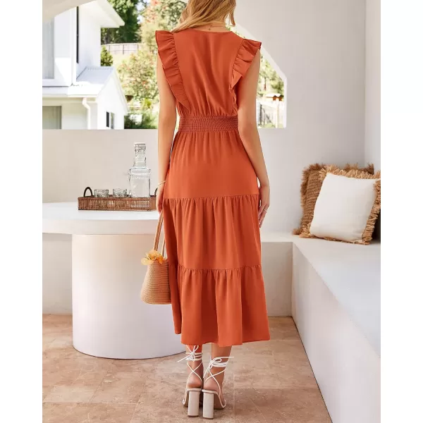 imageBTFBM Womens Ruffle Trim Sleeveless V Neck Maxi Long Dress Elastic Waist Pleated Swing Aline Elegant Summer Beach DressesSolid Orange