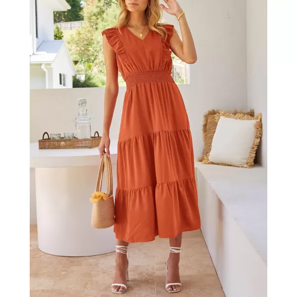 imageBTFBM Womens Ruffle Trim Sleeveless V Neck Maxi Long Dress Elastic Waist Pleated Swing Aline Elegant Summer Beach DressesSolid Orange