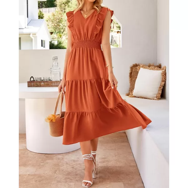 imageBTFBM Womens Ruffle Trim Sleeveless V Neck Maxi Long Dress Elastic Waist Pleated Swing Aline Elegant Summer Beach DressesSolid Orange