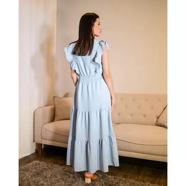 imageBTFBM Womens Ruffle Trim Sleeveless V Neck Maxi Long Dress Elastic Waist Pleated Swing Aline Elegant Summer Beach DressesSolid Sky Blue