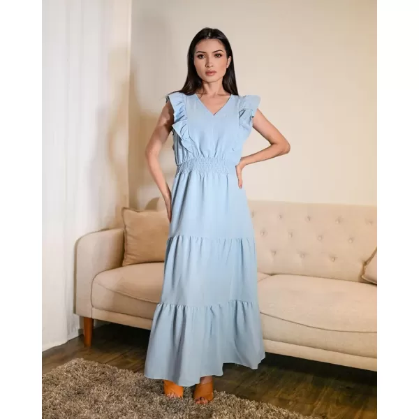 imageBTFBM Womens Ruffle Trim Sleeveless V Neck Maxi Long Dress Elastic Waist Pleated Swing Aline Elegant Summer Beach DressesSolid Sky Blue