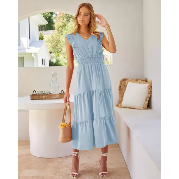 imageBTFBM Womens Ruffle Trim Sleeveless V Neck Maxi Long Dress Elastic Waist Pleated Swing Aline Elegant Summer Beach DressesSolid Sky Blue