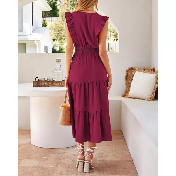 imageBTFBM Womens Ruffle Trim Sleeveless V Neck Maxi Long Dress Elastic Waist Pleated Swing Aline Elegant Summer Beach DressesSolid Wine Red