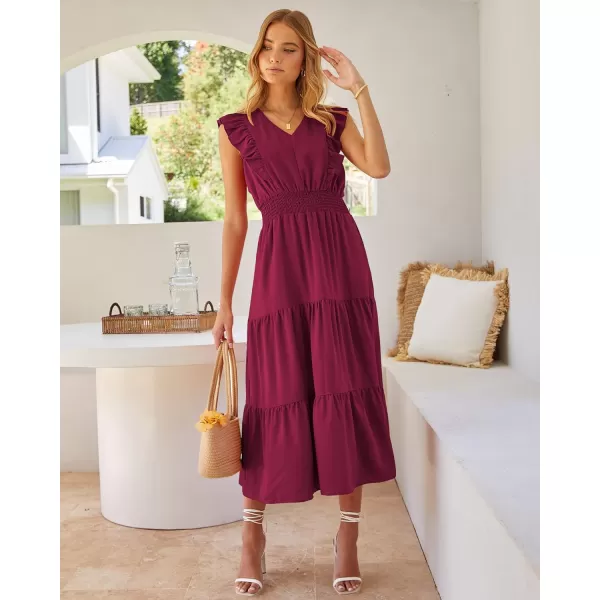imageBTFBM Womens Ruffle Trim Sleeveless V Neck Maxi Long Dress Elastic Waist Pleated Swing Aline Elegant Summer Beach DressesSolid Wine Red