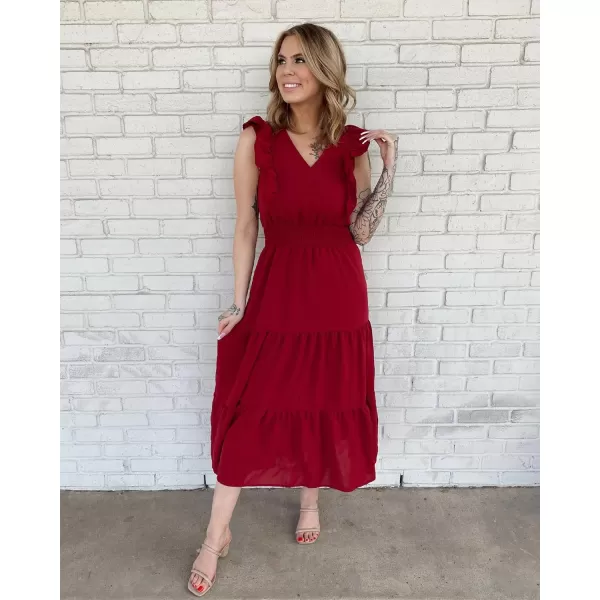 imageBTFBM Womens Ruffle Trim Sleeveless V Neck Maxi Long Dress Elastic Waist Pleated Swing Aline Elegant Summer Beach DressesSolid Wine Red