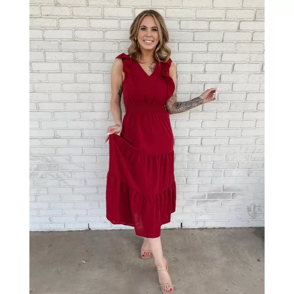 imageBTFBM Womens Ruffle Trim Sleeveless V Neck Maxi Long Dress Elastic Waist Pleated Swing Aline Elegant Summer Beach DressesSolid Wine Red