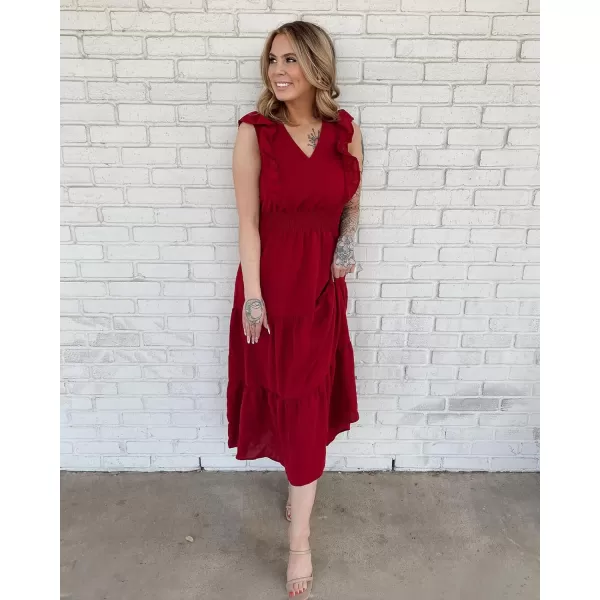 imageBTFBM Womens Ruffle Trim Sleeveless V Neck Maxi Long Dress Elastic Waist Pleated Swing Aline Elegant Summer Beach DressesSolid Wine Red