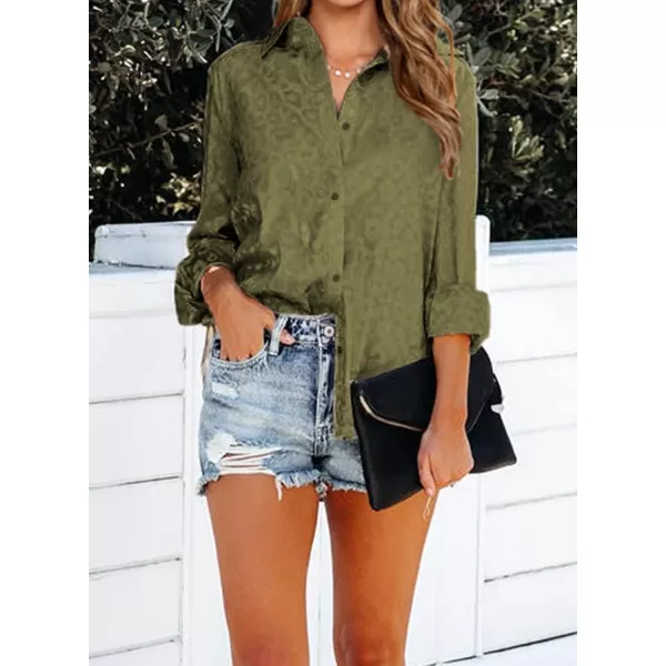 imageBTFBM Womens Satin Button Down Shirts Roll Up Long Sleeve Lapel V Neck Loose Casual Work Summer Fall Blouse Tops 2023Leopard Army Green