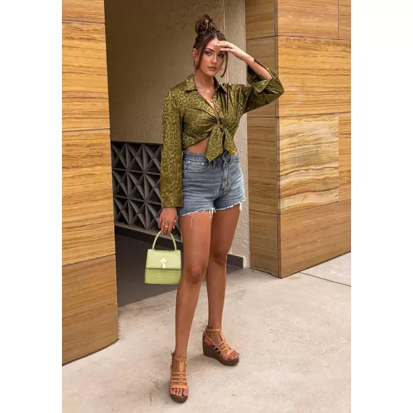 imageBTFBM Womens Satin Button Down Shirts Roll Up Long Sleeve Lapel V Neck Loose Casual Work Summer Fall Blouse Tops 2023Leopard Army Green