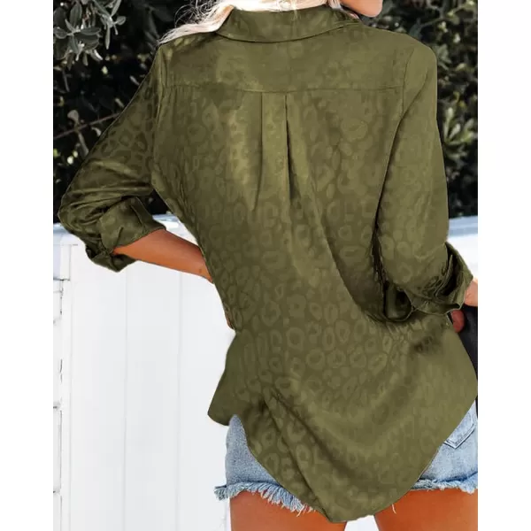 imageBTFBM Womens Satin Button Down Shirts Roll Up Long Sleeve Lapel V Neck Loose Casual Work Summer Fall Blouse Tops 2023Leopard Army Green
