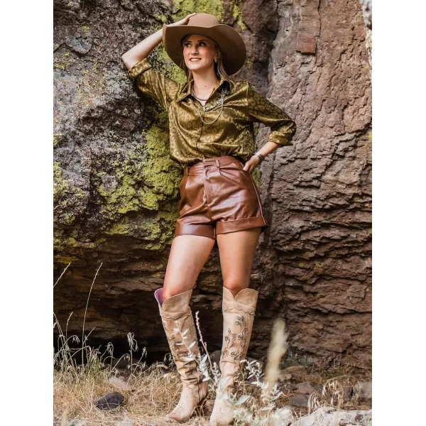 imageBTFBM Womens Satin Button Down Shirts Roll Up Long Sleeve Lapel V Neck Loose Casual Work Summer Fall Blouse Tops 2023Leopard Army Green