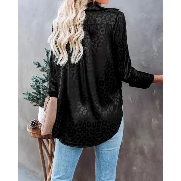 imageBTFBM Womens Satin Button Down Shirts Roll Up Long Sleeve Lapel V Neck Loose Casual Work Summer Fall Blouse Tops 2023Leopard Black