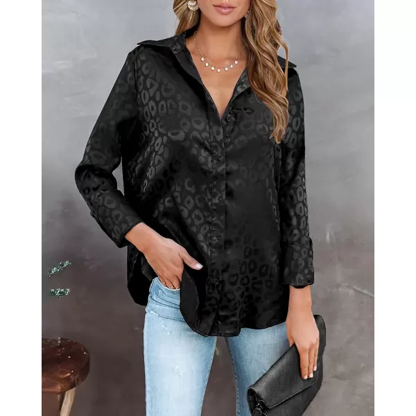 imageBTFBM Womens Satin Button Down Shirts Roll Up Long Sleeve Lapel V Neck Loose Casual Work Summer Fall Blouse Tops 2023Leopard Black