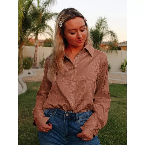 imageBTFBM Womens Satin Button Down Shirts Roll Up Long Sleeve Lapel V Neck Loose Casual Work Summer Fall Blouse Tops 2023Leopard Caramel