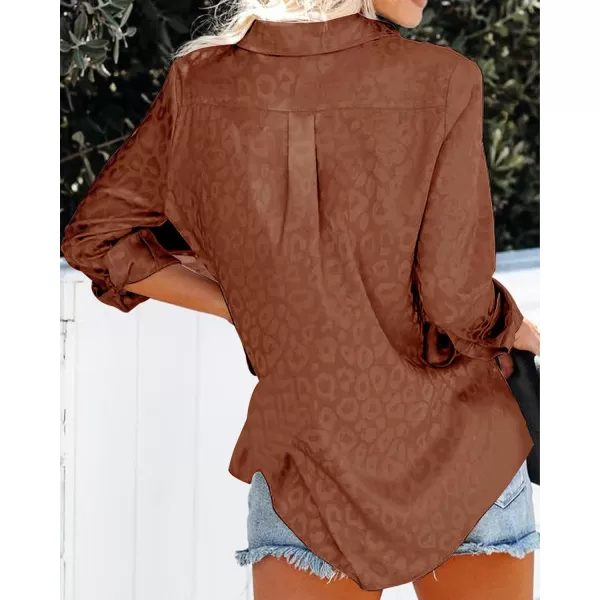 imageBTFBM Womens Satin Button Down Shirts Roll Up Long Sleeve Lapel V Neck Loose Casual Work Summer Fall Blouse Tops 2023Leopard Caramel