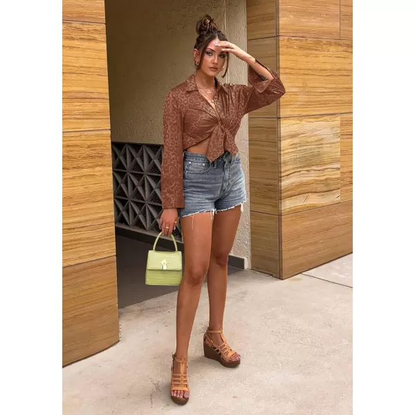 imageBTFBM Womens Satin Button Down Shirts Roll Up Long Sleeve Lapel V Neck Loose Casual Work Summer Fall Blouse Tops 2023Leopard Caramel