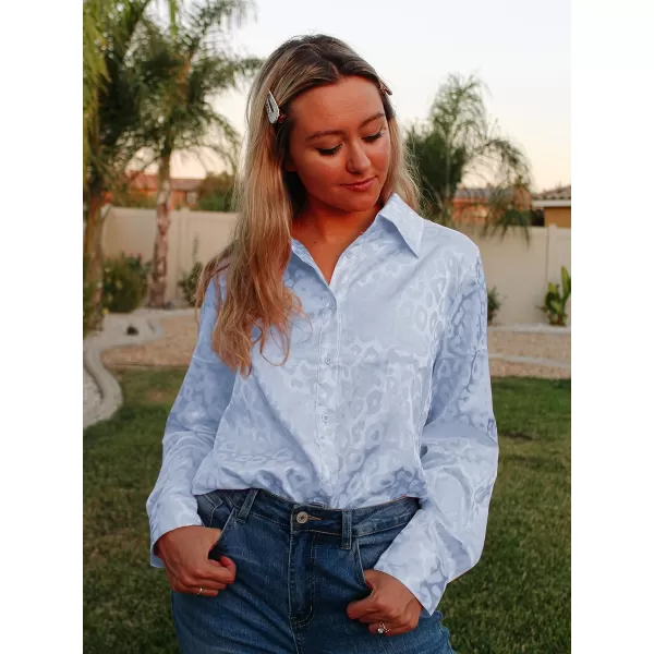 imageBTFBM Womens Satin Button Down Shirts Roll Up Long Sleeve Lapel V Neck Loose Casual Work Summer Fall Blouse Tops 2023Leopard Light Blue