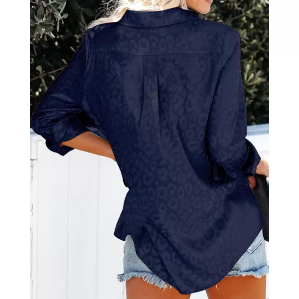 imageBTFBM Womens Satin Button Down Shirts Roll Up Long Sleeve Lapel V Neck Loose Casual Work Summer Fall Blouse Tops 2023Leopard Navy