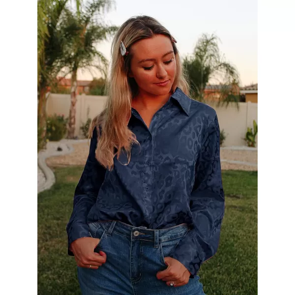 imageBTFBM Womens Satin Button Down Shirts Roll Up Long Sleeve Lapel V Neck Loose Casual Work Summer Fall Blouse Tops 2023Leopard Navy