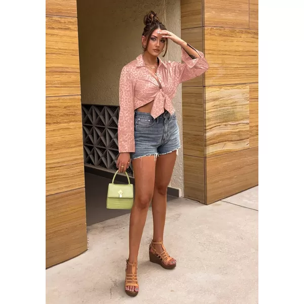imageBTFBM Womens Satin Button Down Shirts Roll Up Long Sleeve Lapel V Neck Loose Casual Work Summer Fall Blouse Tops 2023Leopard Orange Pink