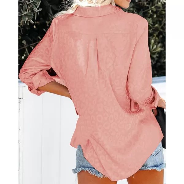 imageBTFBM Womens Satin Button Down Shirts Roll Up Long Sleeve Lapel V Neck Loose Casual Work Summer Fall Blouse Tops 2023Leopard Orange Pink