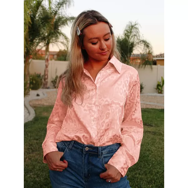 imageBTFBM Womens Satin Button Down Shirts Roll Up Long Sleeve Lapel V Neck Loose Casual Work Summer Fall Blouse Tops 2023Leopard Orange Pink