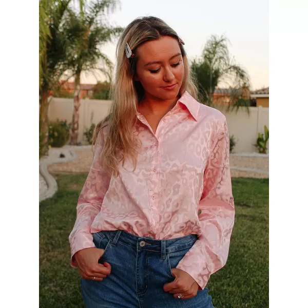 imageBTFBM Womens Satin Button Down Shirts Roll Up Long Sleeve Lapel V Neck Loose Casual Work Summer Fall Blouse Tops 2023Leopard Pink