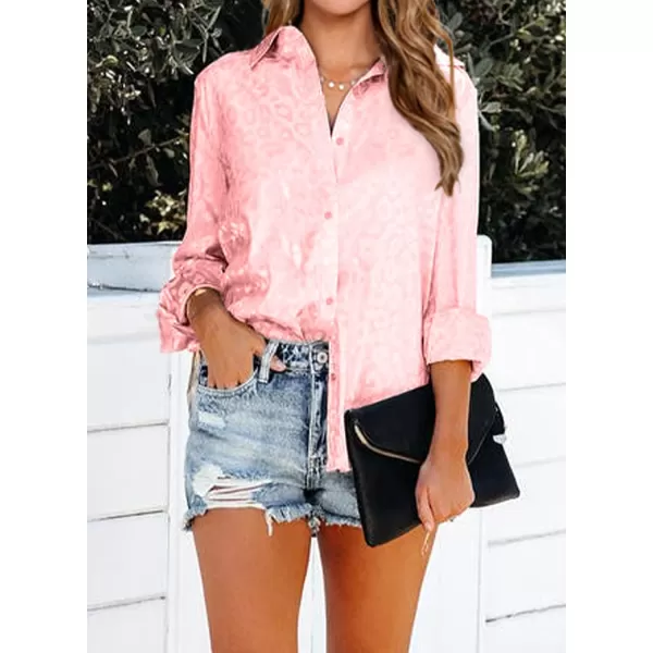 imageBTFBM Womens Satin Button Down Shirts Roll Up Long Sleeve Lapel V Neck Loose Casual Work Summer Fall Blouse Tops 2023Leopard Pink