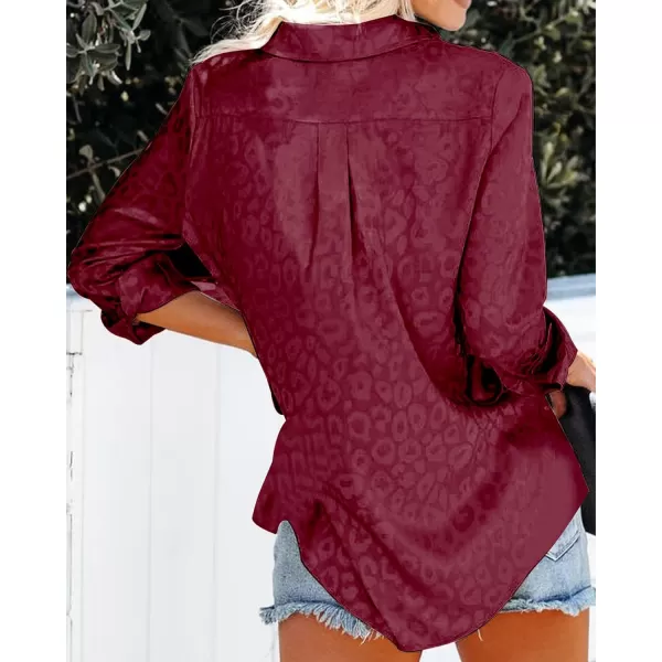 imageBTFBM Womens Satin Button Down Shirts Roll Up Long Sleeve Lapel V Neck Loose Casual Work Summer Fall Blouse Tops 2023Leopard Wine Red